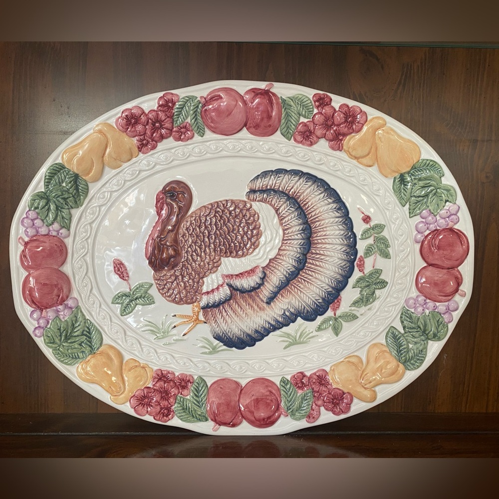 Vintage 90s Harvest Time Hand Painted Turkey Platter 14” x 18”